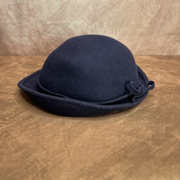 Vintage 40s Haverhill Bradford Corp Navy Bent Brim Wool Derby Hat Bow Round Top - Picture 11 of 11